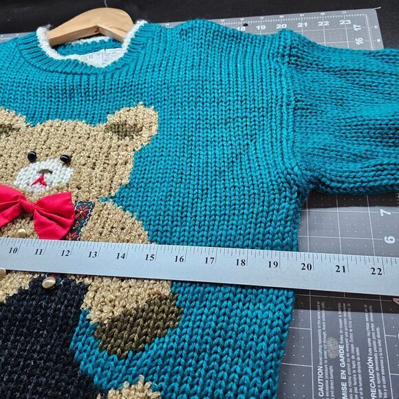 Vintage Hand Knit Teddy Bear Sweater Womens Medium 80s Green Granny Chunky Retro - Picture 9 of 9